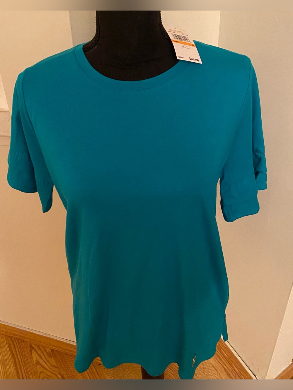 Michael Kors NWT Tile Blue Crewneck Gathered Ruffle Short-Sleeve Top Size Small
